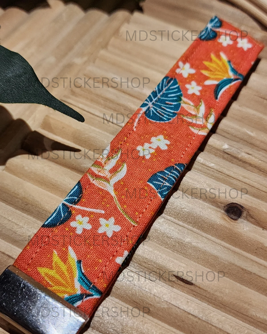 Orange Tropical Print Fabric Keychain, Key Fob
