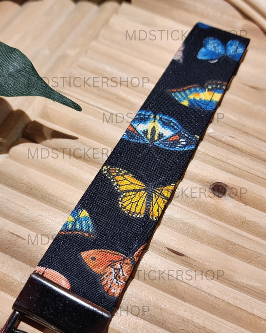 Black Butterfly Print Fabric Keychain, Key Fob