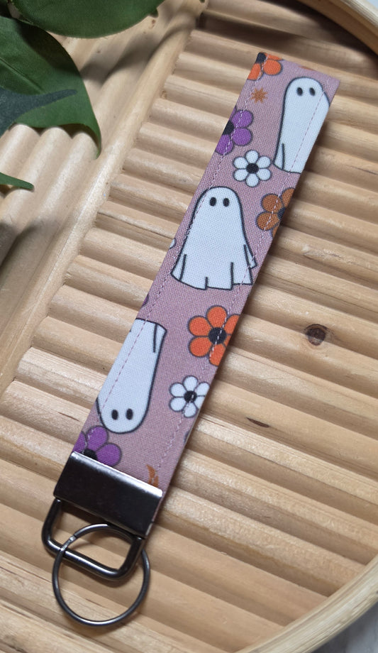 Floral Ghost Print Fabric Wristlet Keychain, Key Fob