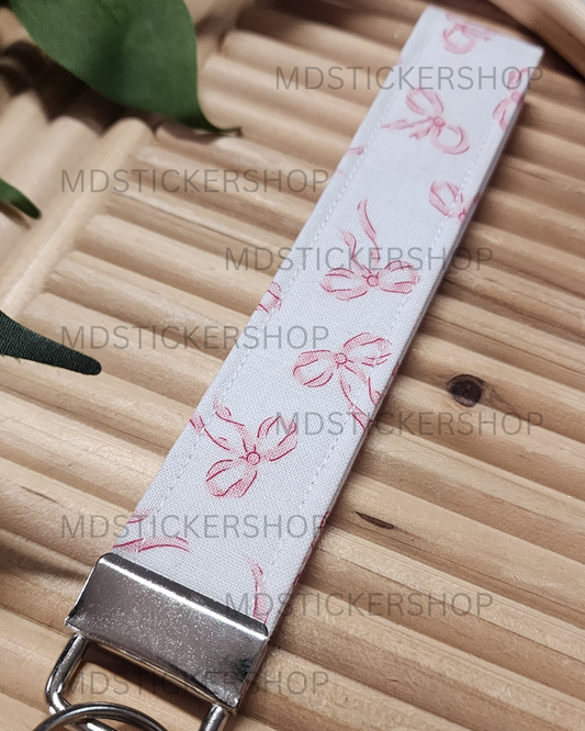 Pink Bow Print Fabric Keychain, Key Fob
