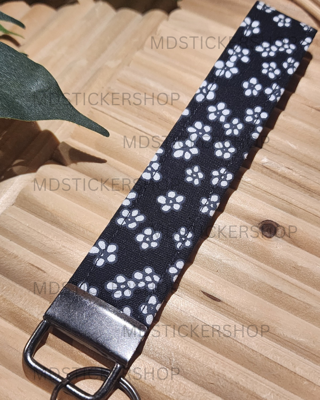 Tiny White Flowers on Black Print Fabric Keychain, Key Fob