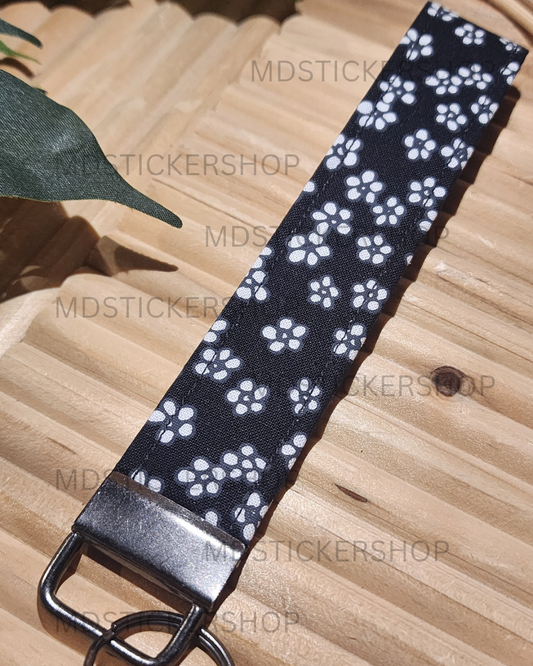 Tiny White Flowers on Black Print Fabric Keychain, Key Fob