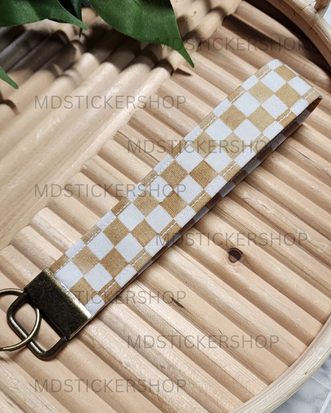 Latte Check Print Fabric Keychain, Key Fob