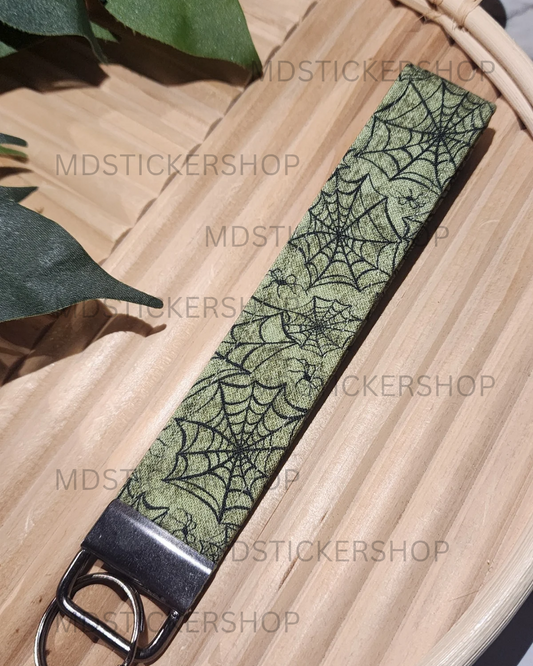 Green Spiderweb Print Fabric Keychain, Key Fob