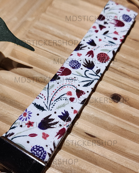 Maroon Garden on White Print Fabric Keychain, Key Fob
