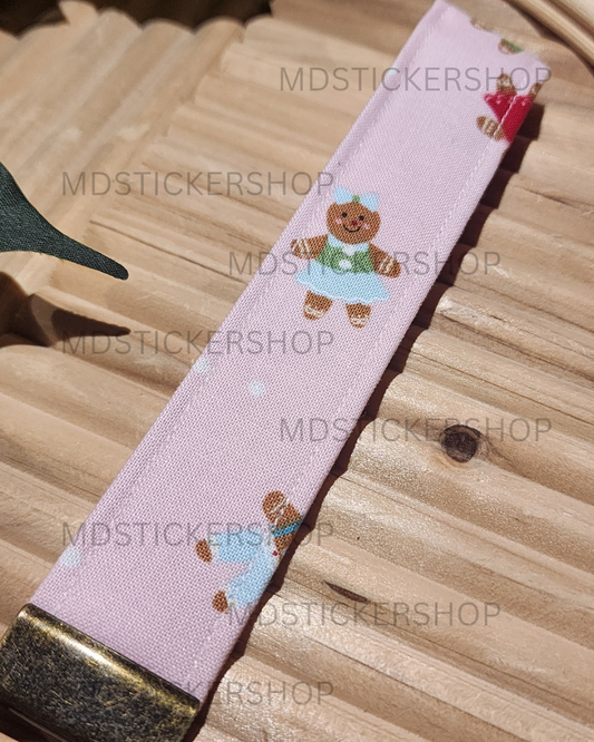 Pink Gingerbread Print Fabric Keychain, Key Fob