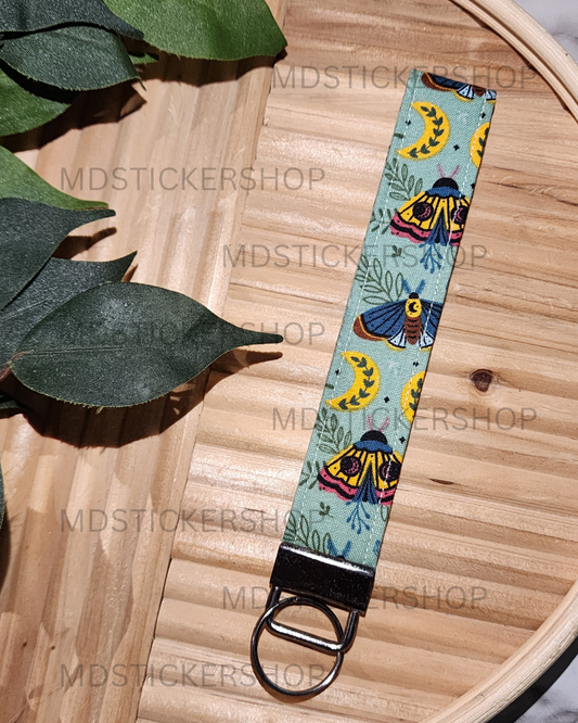Green Moth Print Fabric Keychain, Key Fob