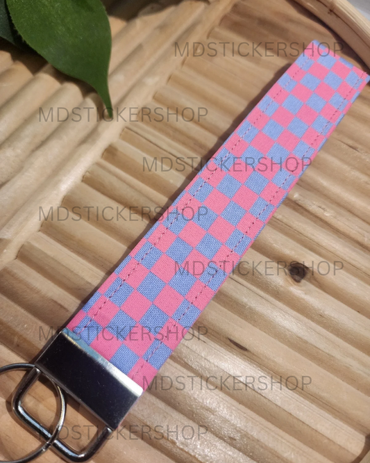 Neon Pink Check Print Fabric Keychain, Key Fob