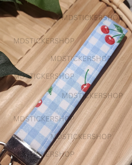 Cherries on Blue Plaid Print Fabric Keychain, Key Fob