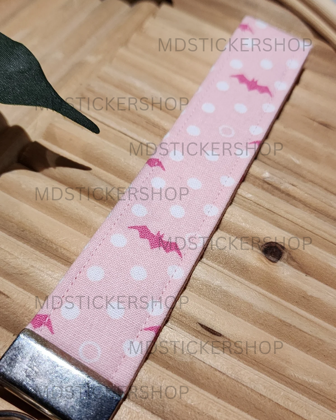 Pink Bat Print Fabric Keychain, Key Fob