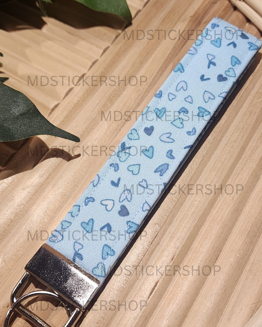 Blue Hearts Print Fabric Keychain, Key Fob