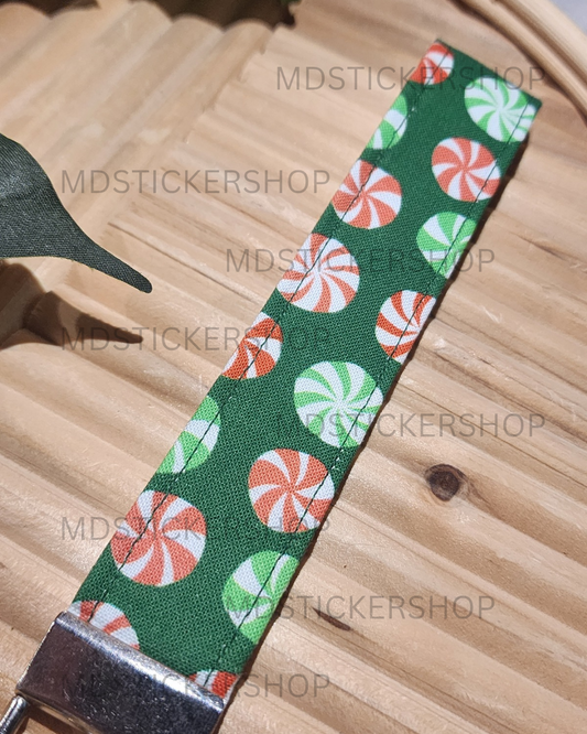 Holiday Peppermint Print Fabric Keychain, Key Fob