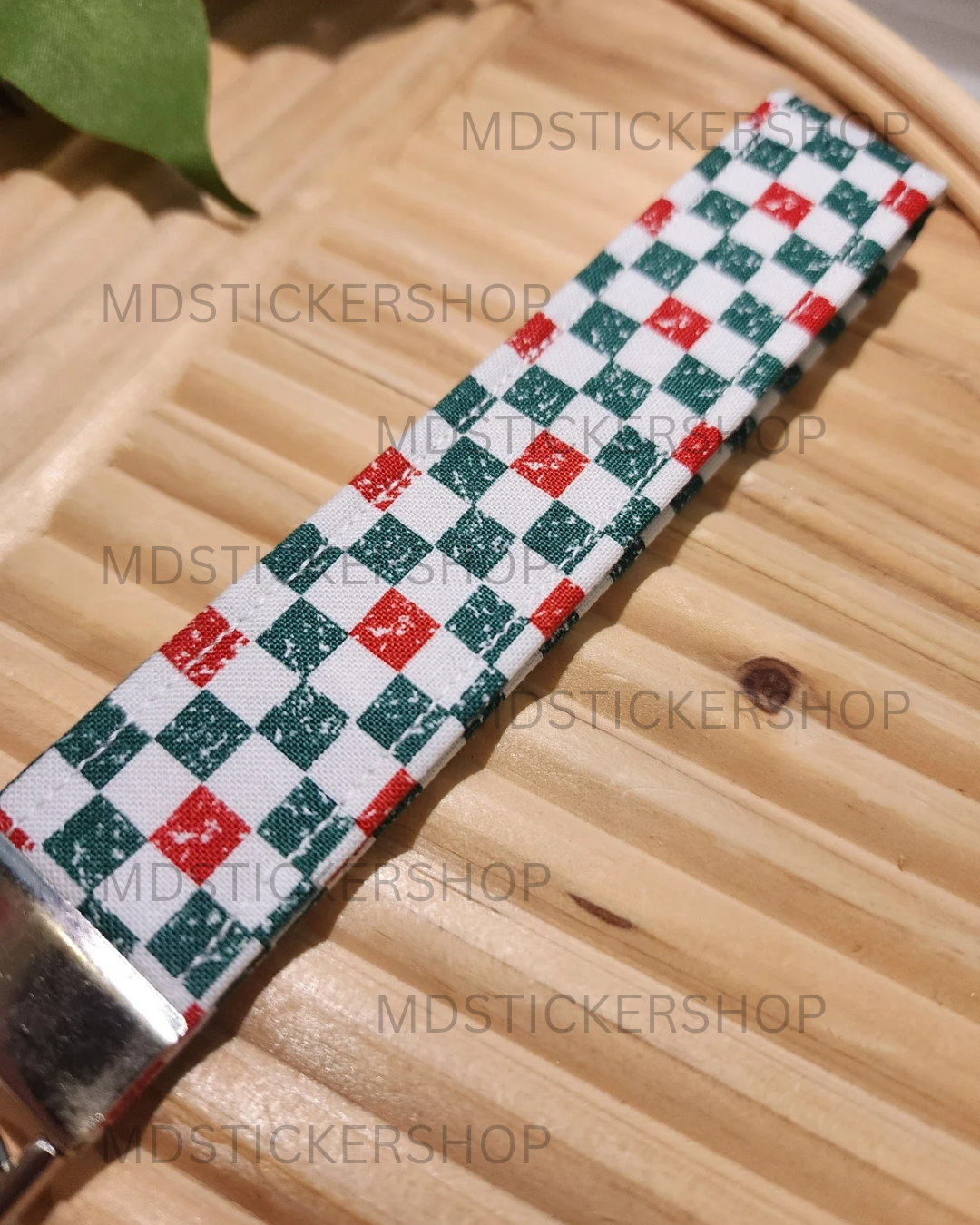 Red and Green Holiday Check Print Fabric Keychain, Key Fob