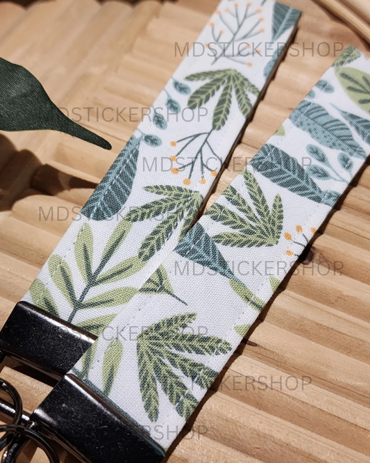 White Tropical Print Fabric Keychain, Key Fob
