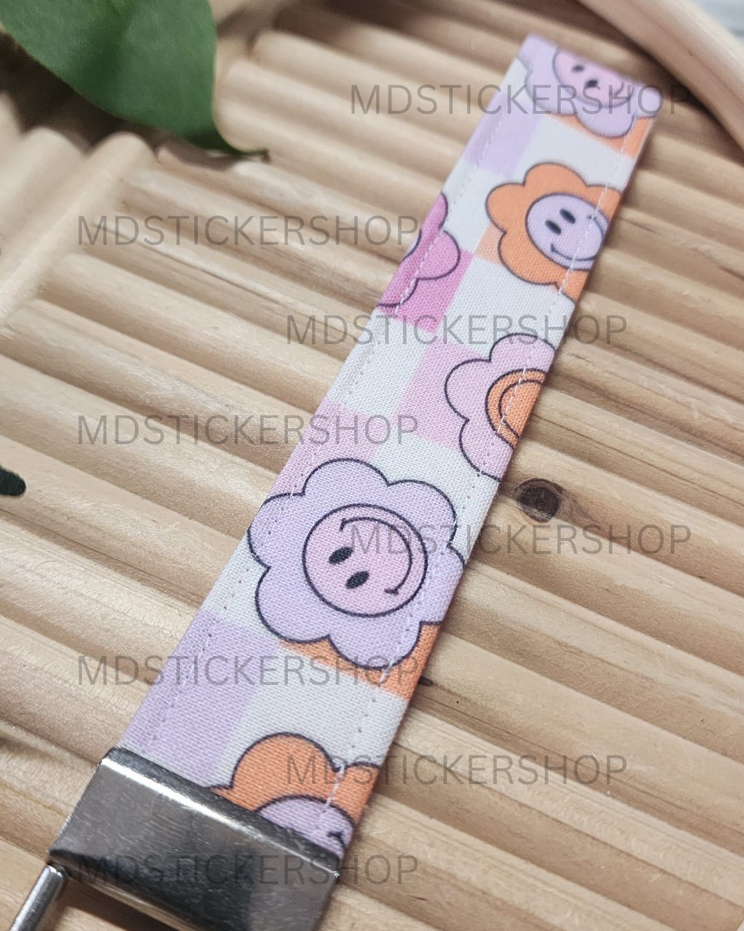 Smiley Floral Check Print Fabric Keychain, Key Fob