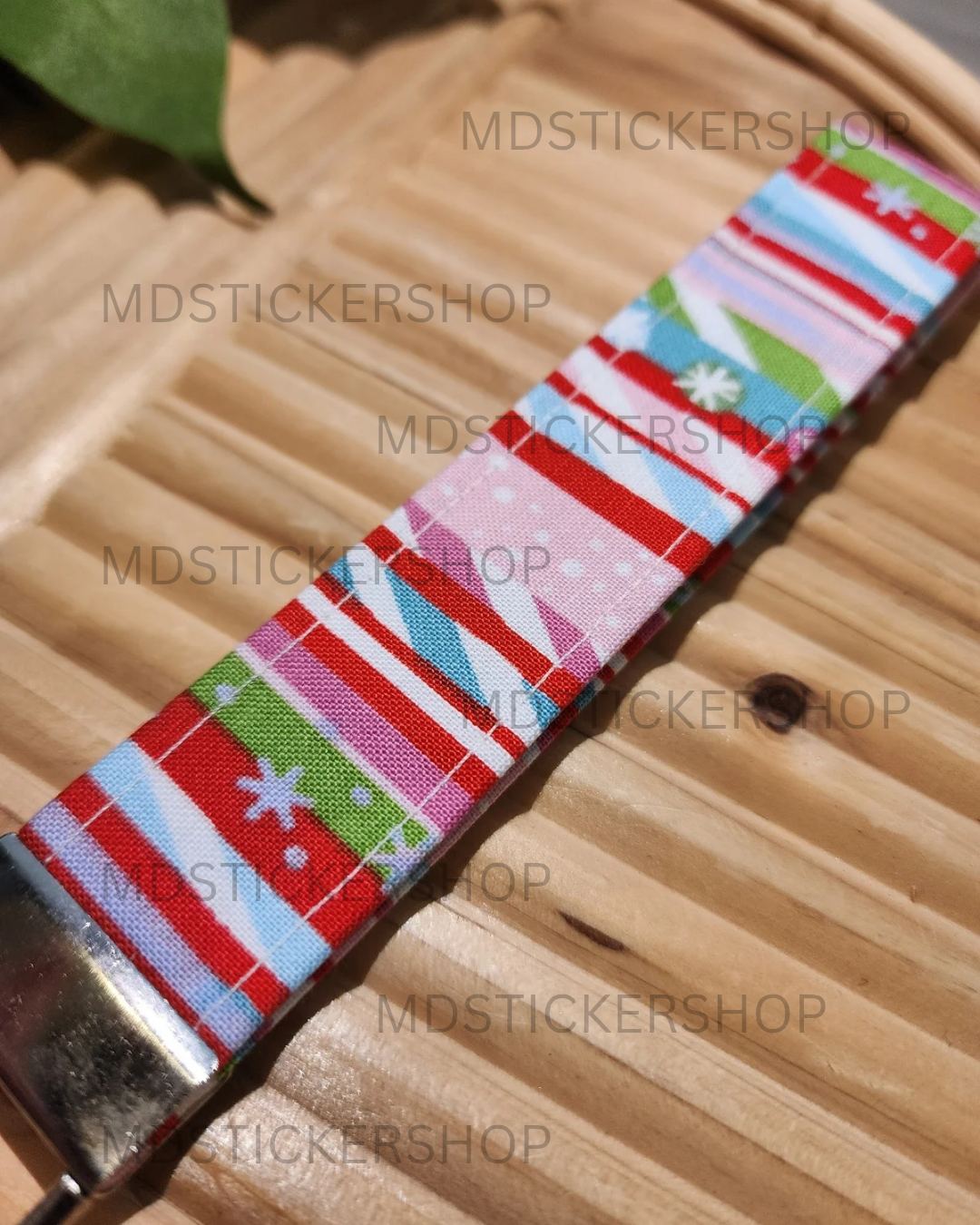 Pink Holiday Stripe Print Fabric Keychain, Key Fob