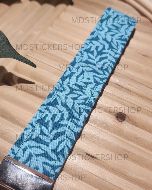 Blue Leaves Print Fabric Keychain, Key Fob