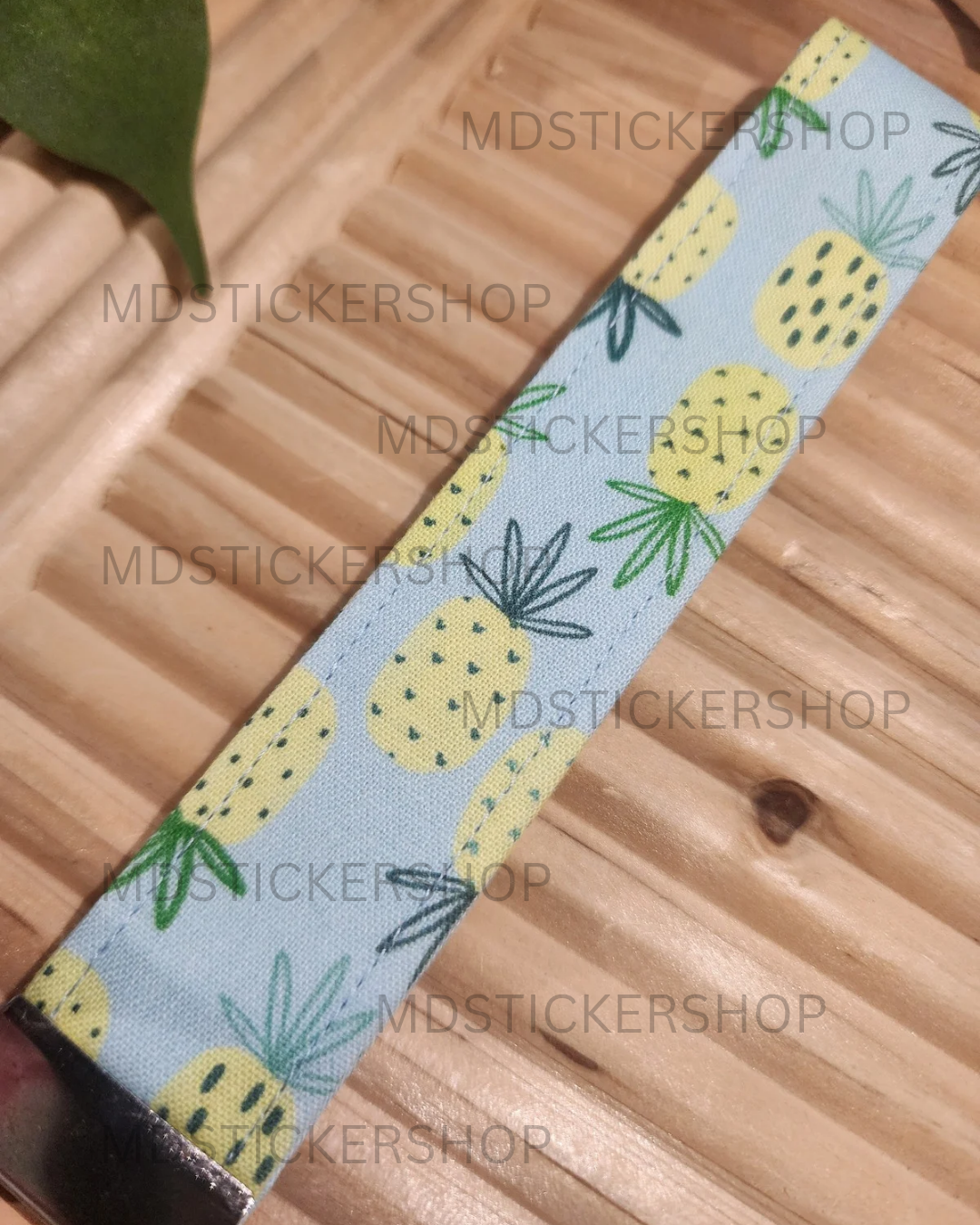 Blue Pineapple Print Fabric Keychain, Key Fob