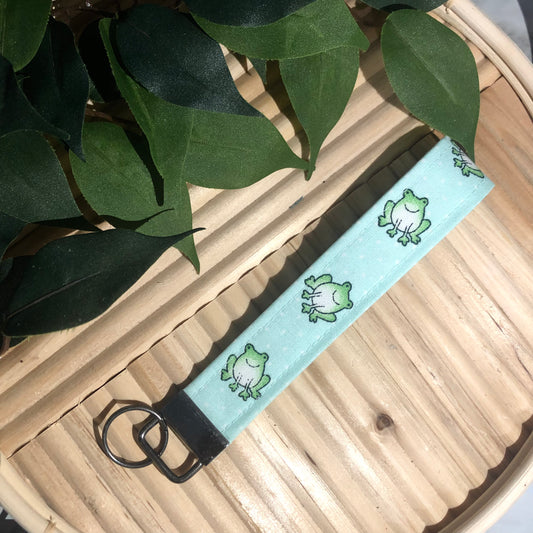Blue Polka Dot Frog Print Fabric Wristlet Keychain, Key Fob