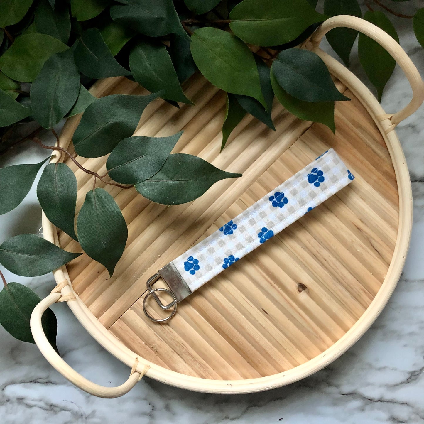 Gingham Paw Print Fabric Wristlet Keychain, Key Fob