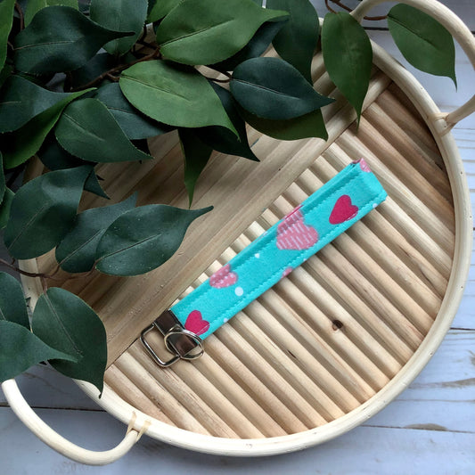 Teal Heart Print Fabric Wristlet Keychain, Key Fob