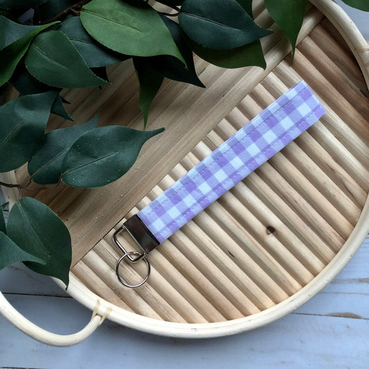Light Purple Gingham Print Fabric Wristlet Keychain, Key Fob