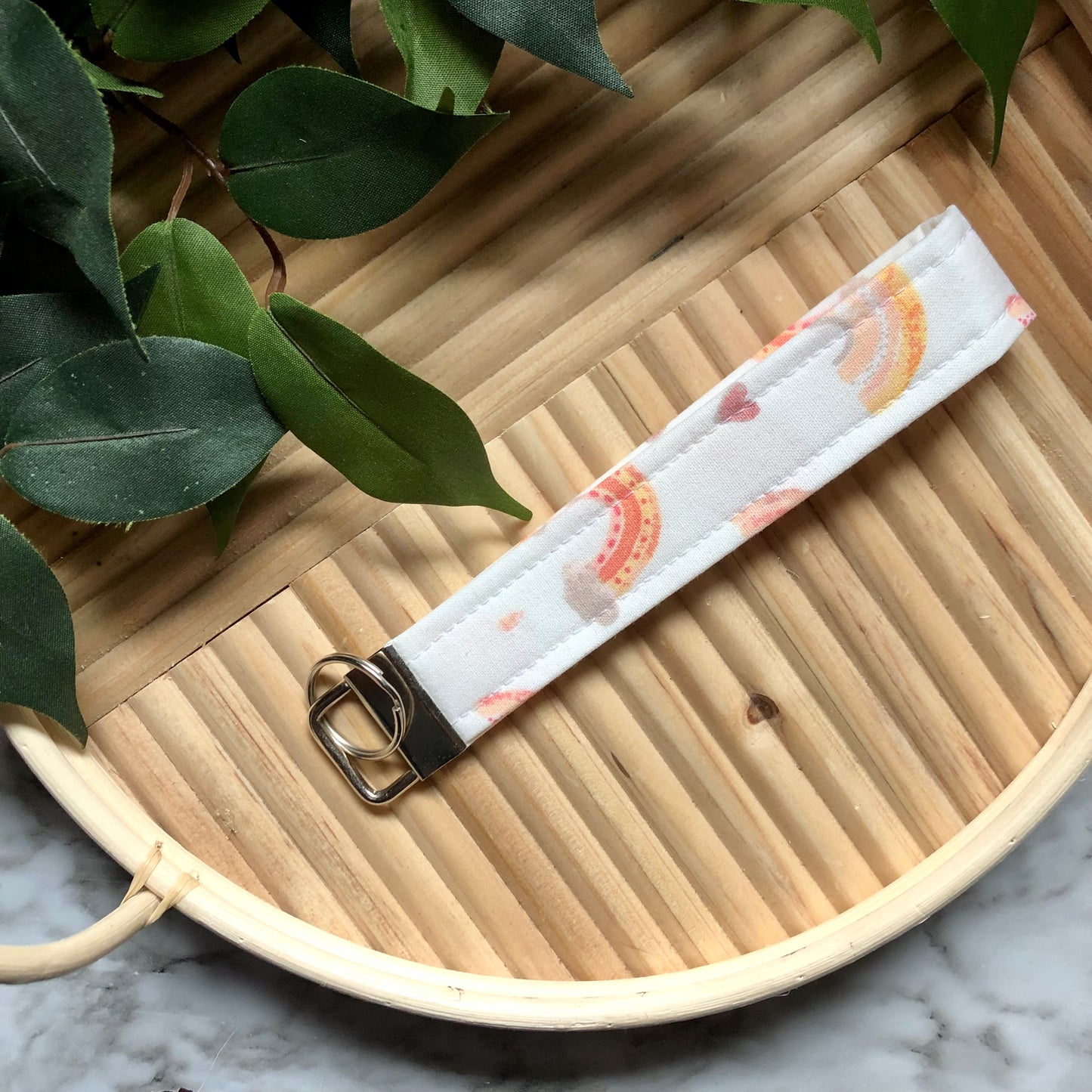 Small Watercolor Rainbows on White Fabric Wristlet Keychain, Key Fob