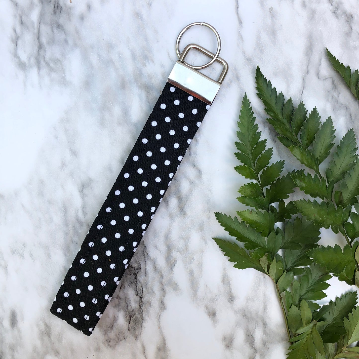 Black and White Polka Dot Print Wristlet Keychain, Key Fob