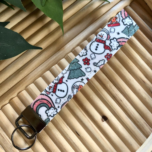 Snowman Doodle Print Fabric Keychain, Key Fob