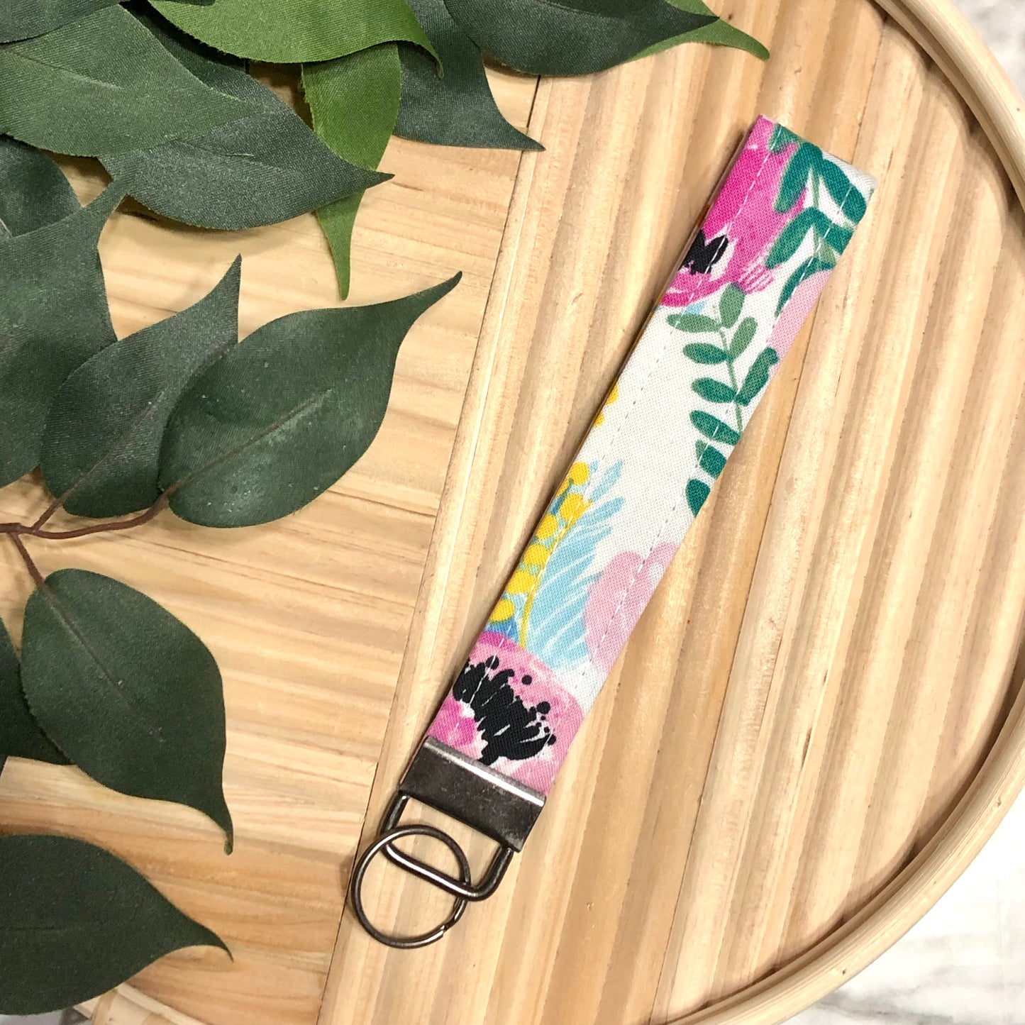 Pink Watercolor Floral Print Fabric Wristlet Keychain, Key Fob