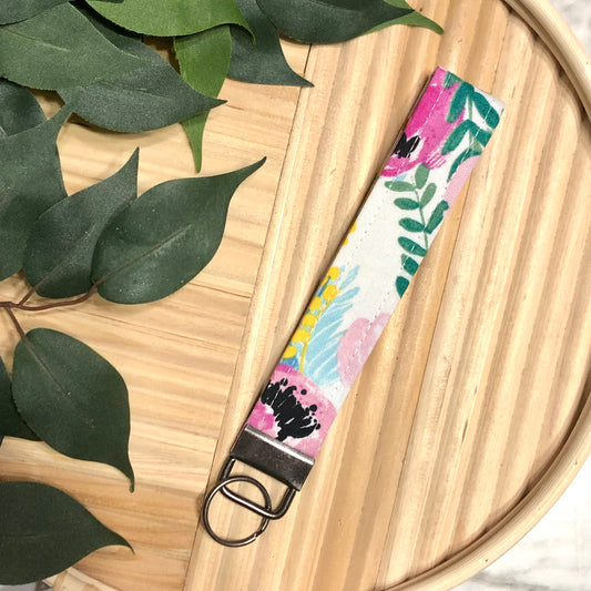 Pink Watercolor Floral Print Fabric Wristlet Keychain, Key Fob