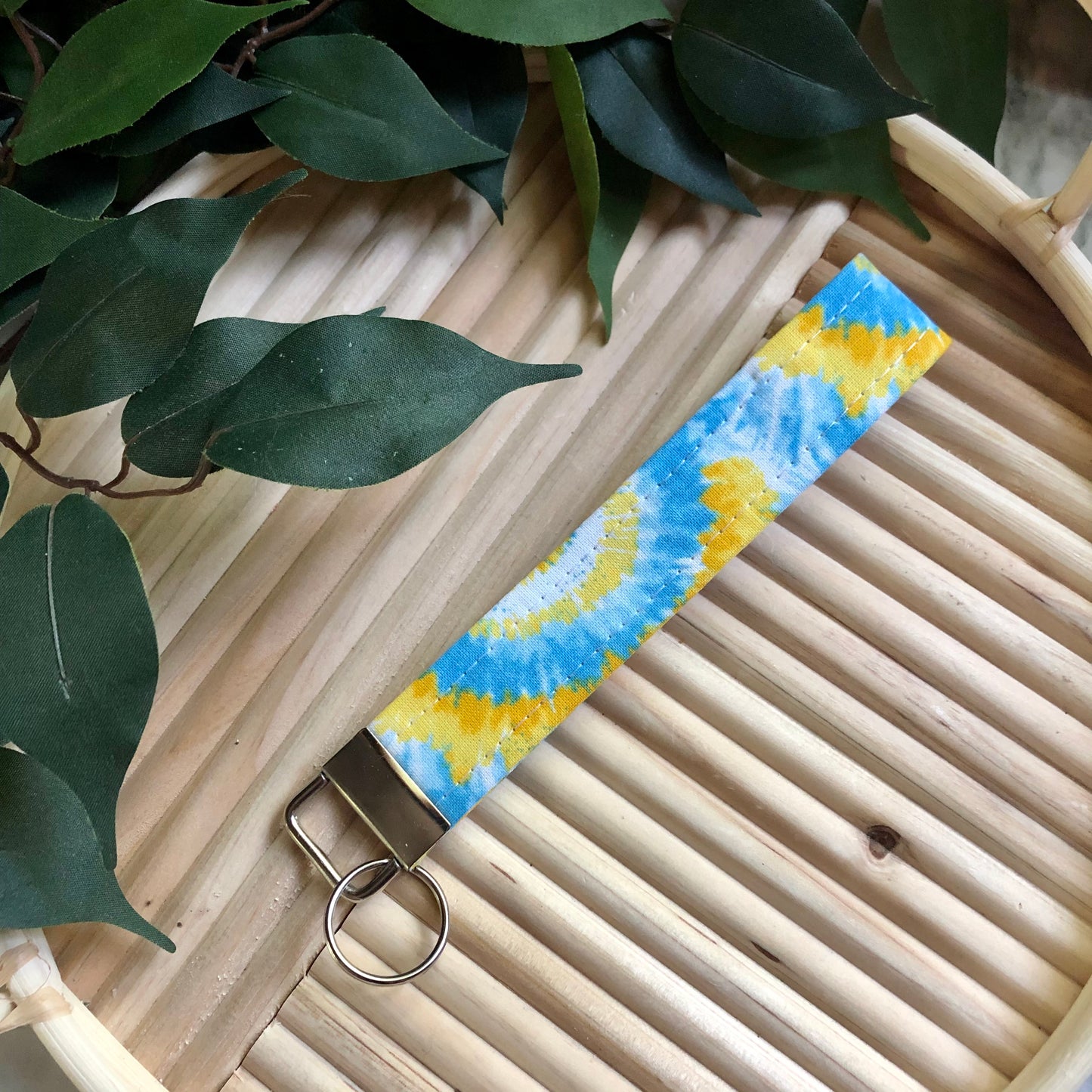 Blue, Yellow, and White Tie Dye Print Wristlet Keychain, Key Fob