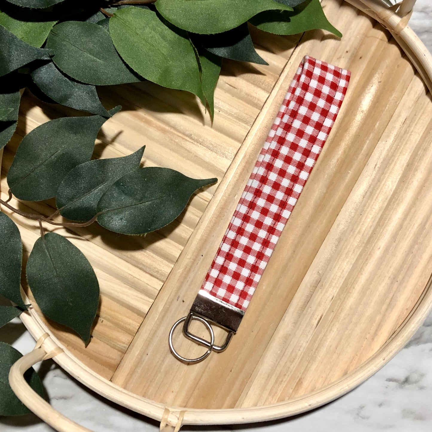 Red and White Plaid Print Fabric Wristlet Keychain, Key Fob