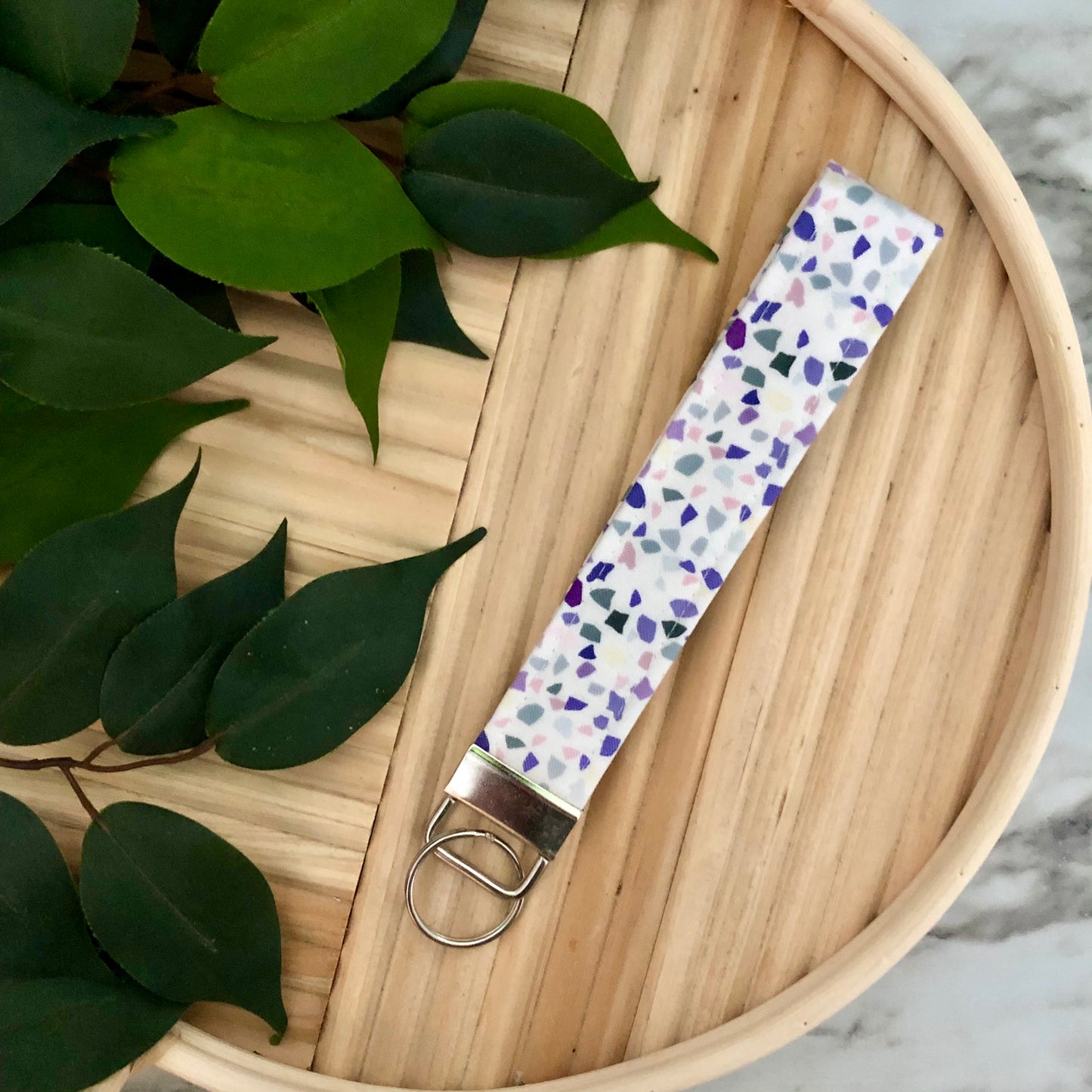 Purple Terrazzo Print Fabric Wristlet Keychain, Key Fob