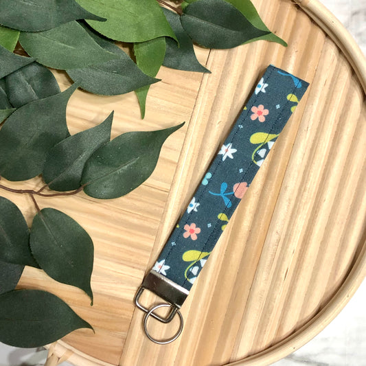 Basic Navy Floral Print Fabric Wristlet Keychain, Key Fob