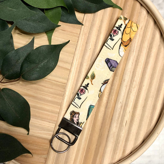 Belle Beauty and the Beast Print Fabric Wristlet Keychain, Key Fob