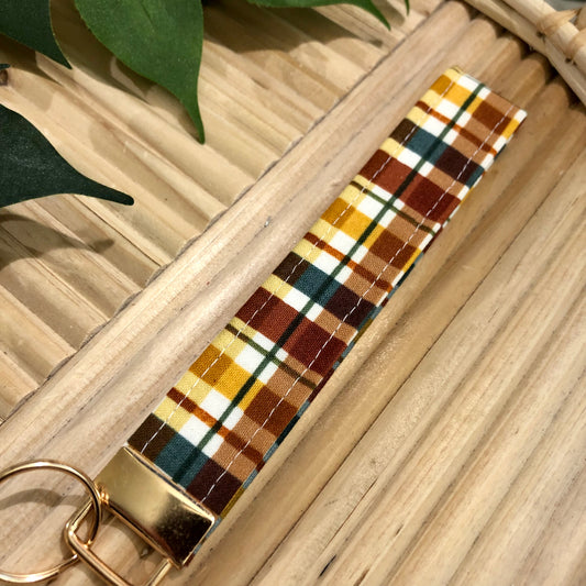 Fall Plaid Print Fabric Keychain, Key Fob