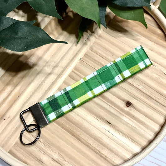 St. Paddy’s Plaid Print Fabric Wristlet Keychain, Key Fob
