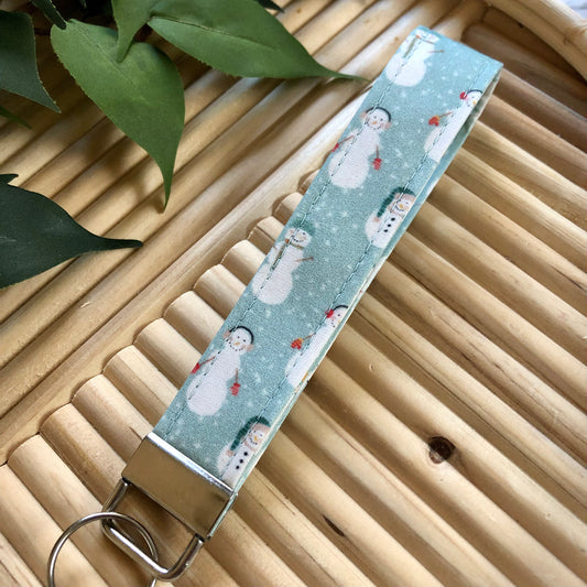 Blue Snowman Print Fabric Keychain, Key Fob
