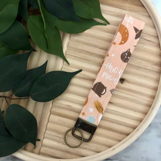 Orange Hocus Pocus Print Fabric Wristlet Keychain, Key Fob