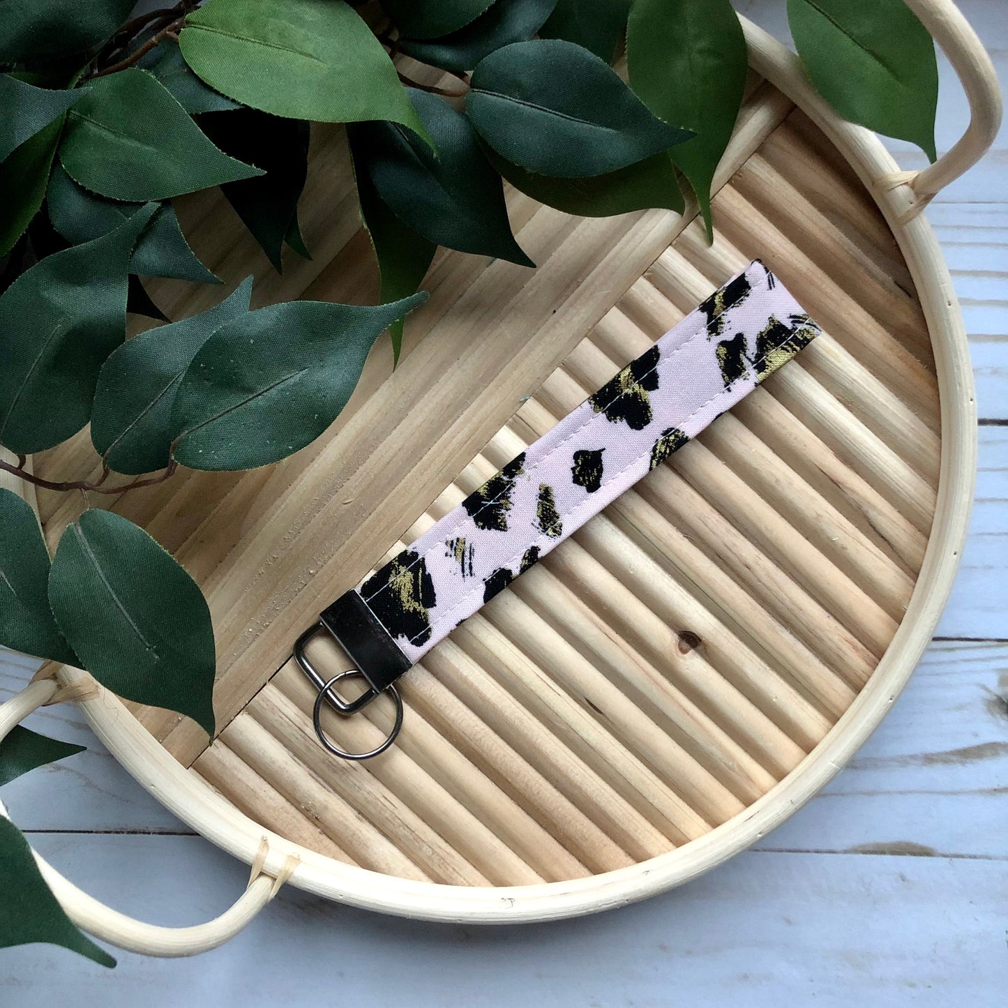 Pink, Black, and Metallic Gold Animal Print Fabric Wristlet Keychain, Key Fob