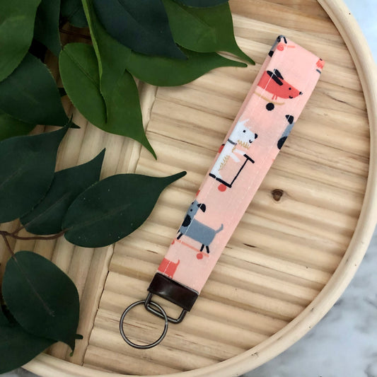 Skater Pups Print Fabric Wristlet Keychain, Key Fob