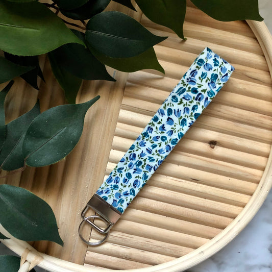 Tiny Blue Tulip Print Fabric Wristlet Keychain, Key Fob