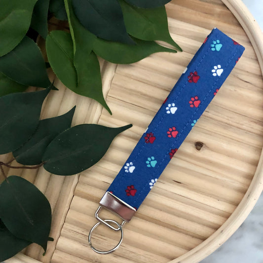 Colorful Paw Print on Blue Fabric Wristlet Keychain, Key Fob