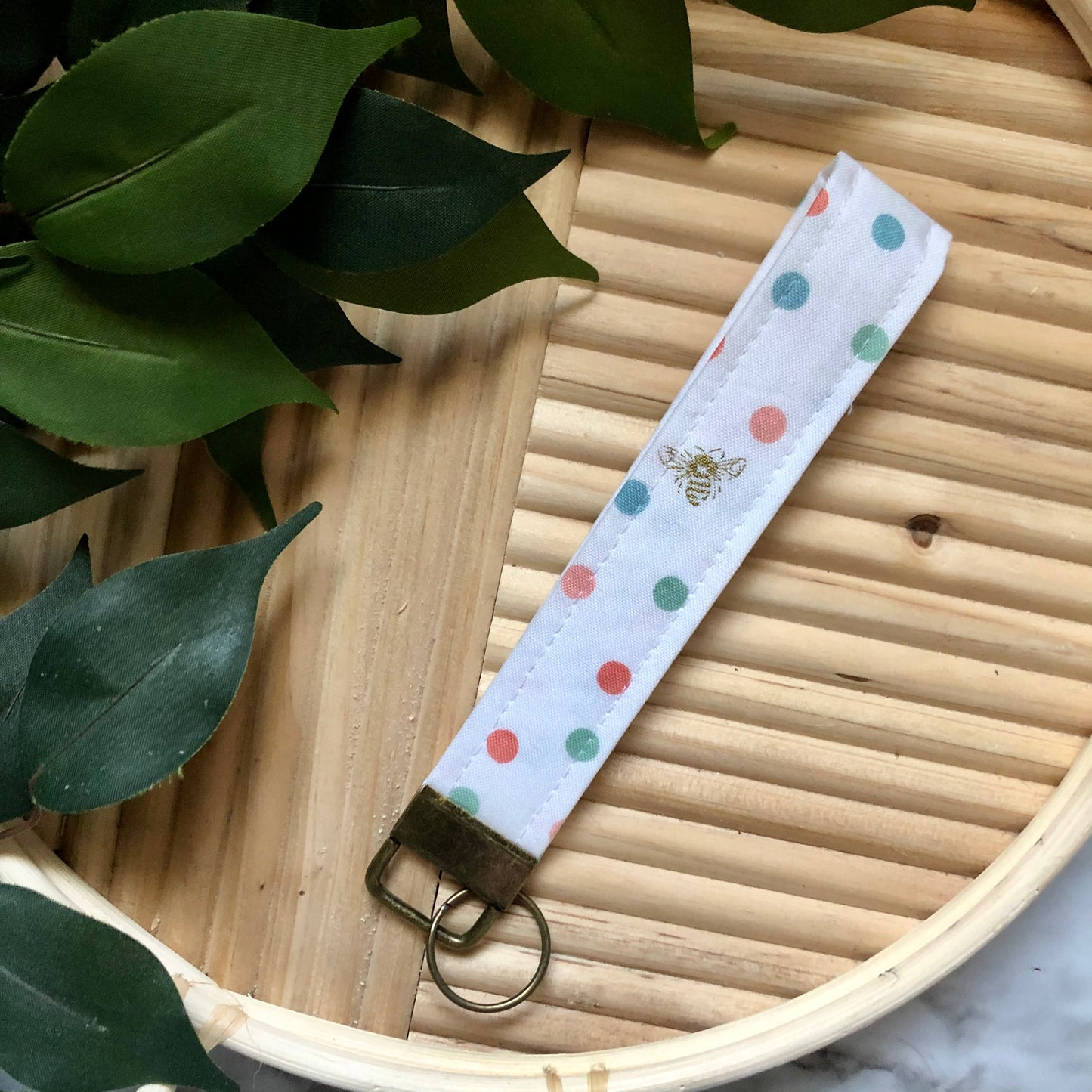 Polka Dot Gold Bee Print Fabric Wristlet Keychain, Key Fob