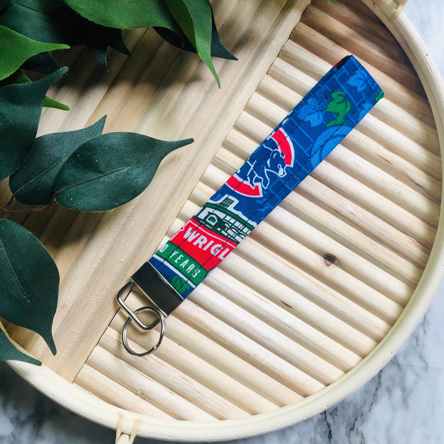 Chicago Cubs Baseball Wrigley Field Print Fabric Wristlet Keychain, Key Fob