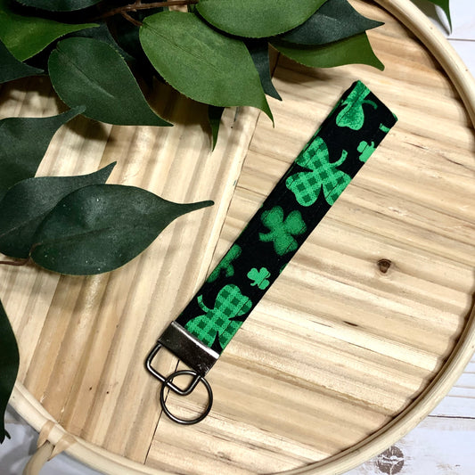 Black Cover Print Fabric Wristlet Keychain, Key Fob