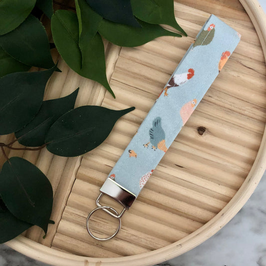 Blue Chicken Print Fabric Wristlet Keychain, Key Fob