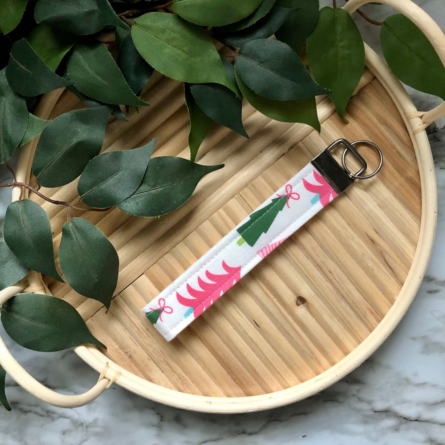 Bright Winter Trees Print Fabric Wristlet Keychain, Key Fob