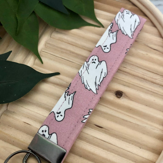 Mauve Ghost Print Fabric Wristlet Keychain, Key Fob